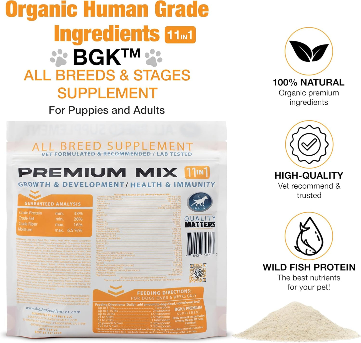 BGK Premium Mix Dog Multivitamin Powder (All Ages & Breeds) - 100% Organic Dog Supplements for Growth & Development - Multivitamin for Dogs Pre & Probiotics with Wild Fish Oil - Dog Health Booster