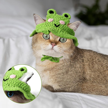 Charming Cat Hat Small Cartoon Themed Knit Cute Cats Bonnet Soft Festive Cats Costumes Halloween Christmas Holiday Party Clothes Head Wear Accessories for Puppy Cat Kitten Dogs Pets Animals (Green)