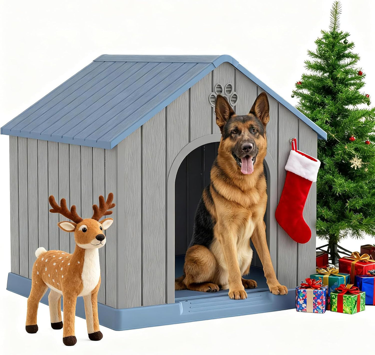 Fancyango Large Dog House Outdoor Indoor for Medium Large Dogs, Sturdy Plastic Waterproof Doghouse with Air Vents and Elevated Floor, Easy Clean and Assemble (Blue, 36.2''L×38''W×38''H)