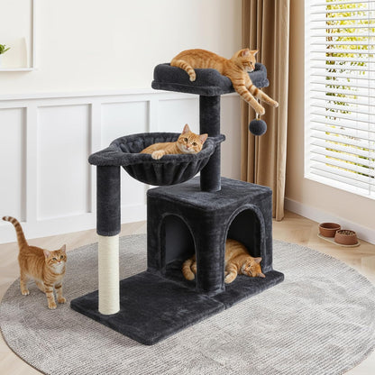Allewie 29.5in Indoor Cat Tree, Multi-Level Cat Tower with Sisal Scratching Posts, Padded Perch, Basket, Condo, and Hanging Ball, Suitable for Kittens and Adult Felines,Dark Grey