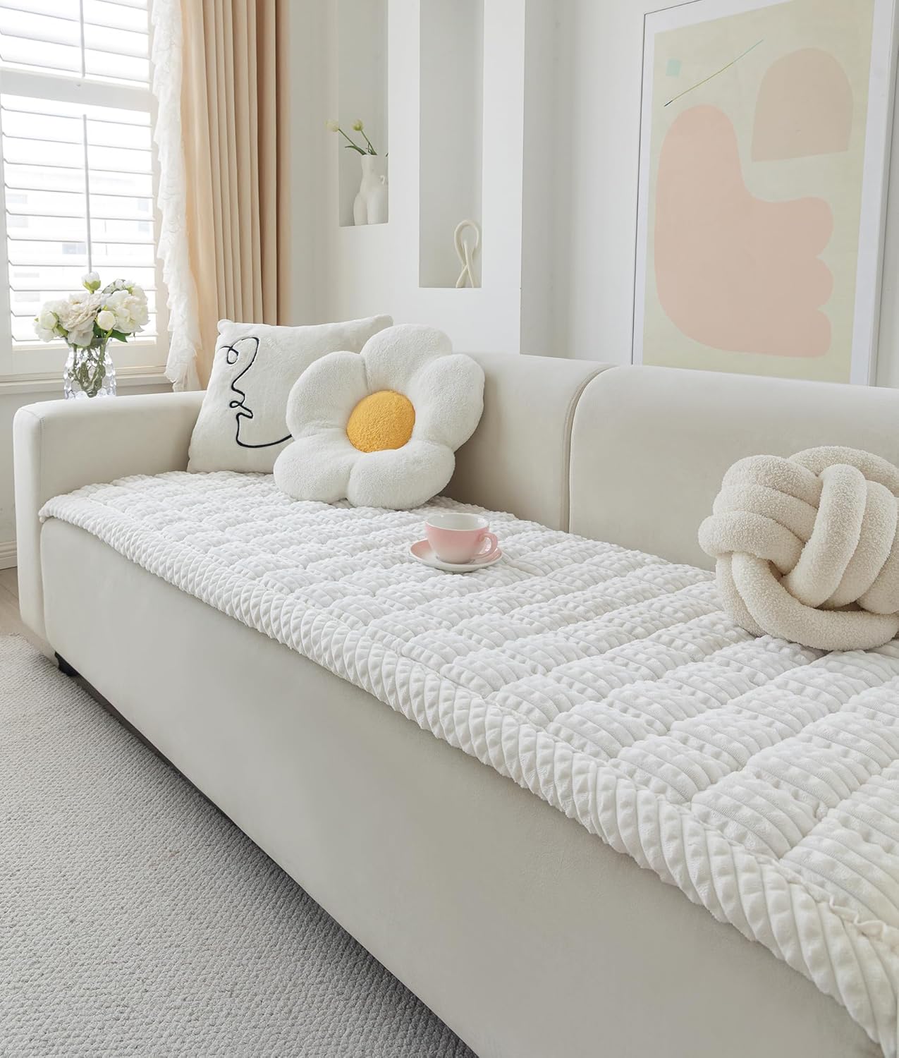 Couch Cover for Dogs Washable, Fuzzy Pet Cover for Sofa, Covers for 3 Cushion Couch Pet Friendly, Non Slip Dog Bed Mat Blanket (White, 27.6x70.9 inch)