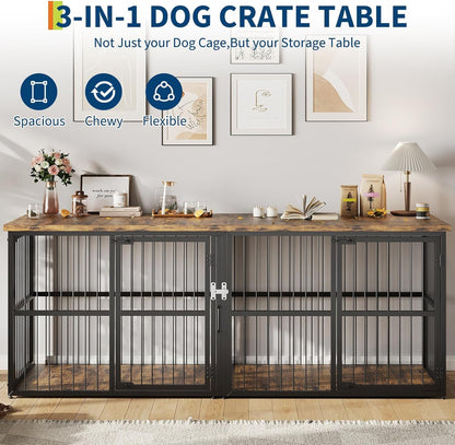 87 Inch Extra Large Double Dog Crate Furniture with Divider, Heavy Duty Kennel with 3 Lockable Doors, Wooden Indoor Pet House TV Stand for 2 Small Medium Large Dogs, Black