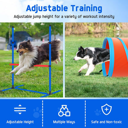 Dog Agility Equipment, Dog Agility Course Backyard Set Obstacle Course Backyard Includes Adjustable High Hurdle,6 Weave Poles,Extended Tunnel,Jump Ring,Square Pause Box,2 Balls,Whistle,2 Carrying Bags