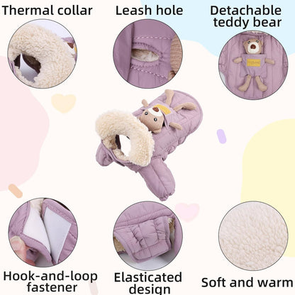 Cute Dog Winter Coat with Detachable Bear Toy, Fleece Lined Puffer Jacket for Small Dogs & Puppies, Warm Vest with Soft Sherpa Collar & Harness Hole (Blue, Medium)