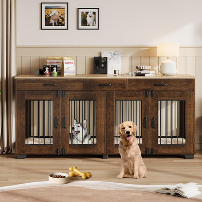 Modern Double Dog Crate Furniture – 71" Indoor Kennel with Divider & 3 Storage Drawers, Heavy Duty Pet Bed & Multi-Functional TV Stand End Table for Medium to Large Breeds – Color: Vieira oak veneer +