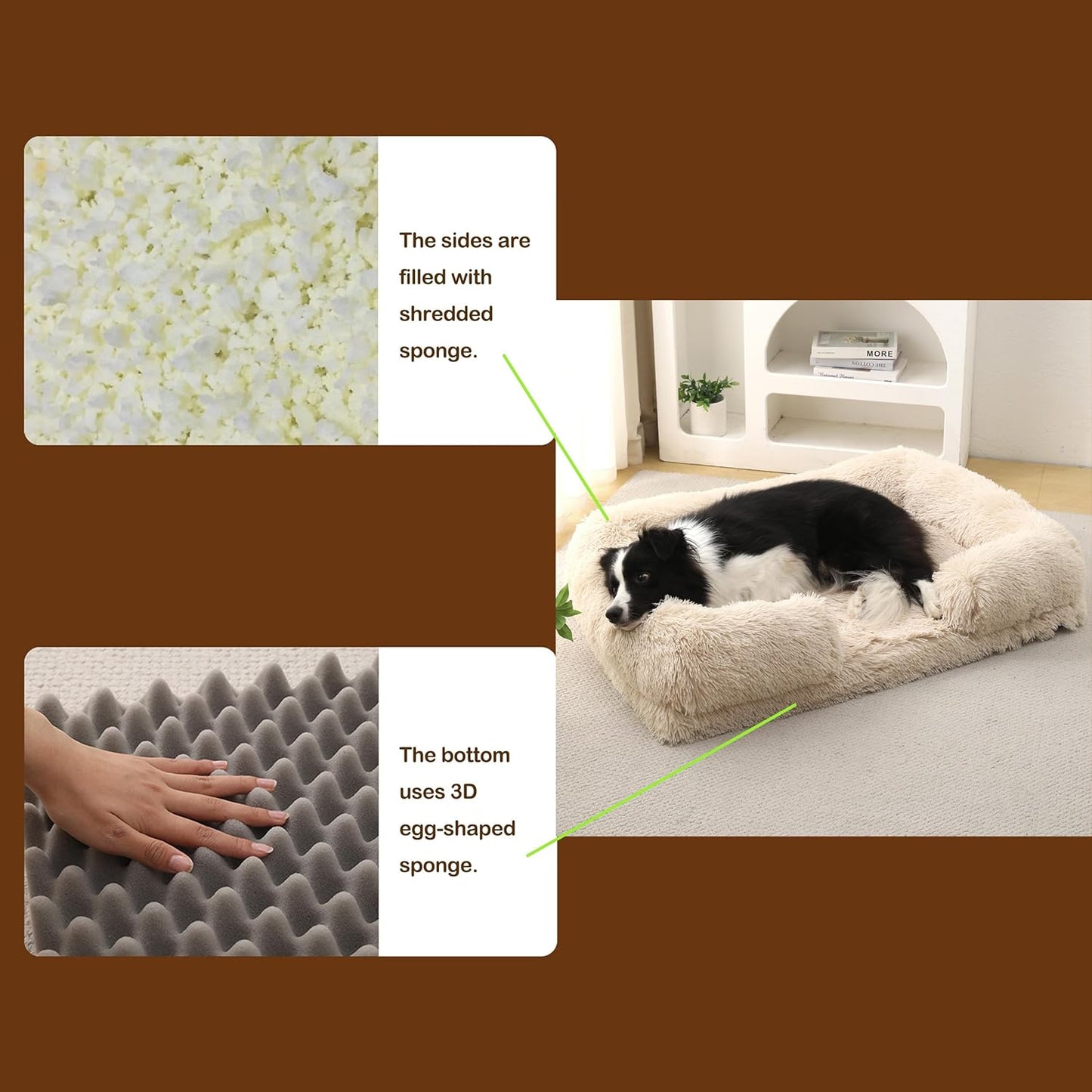 Orthopedic Dog Bed for Medium Dogs - Washable Memory Foam Pet Sofa, Fluffy Plush Rectangular Bed, Waterproof Anti-Anxiety Couch, Light Brown, M