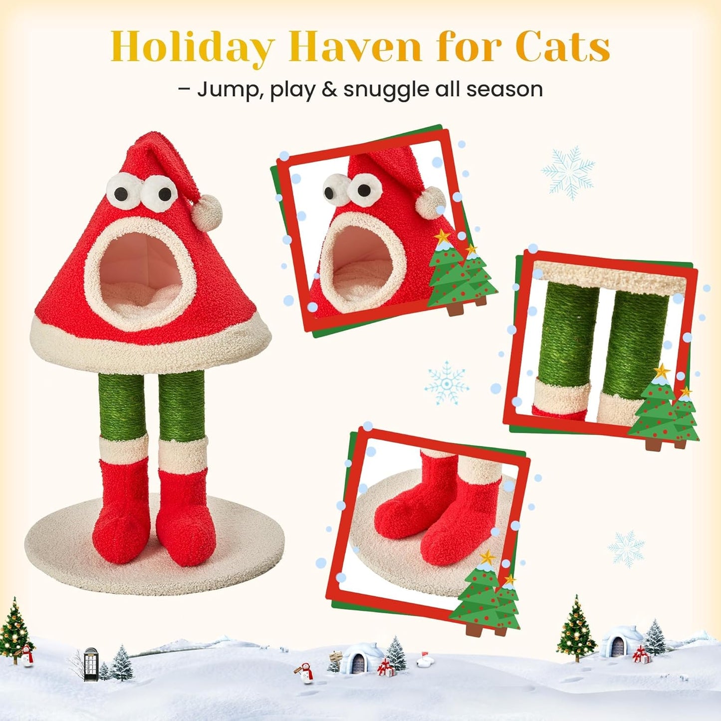 Christmas Cat Tree Tower –Santa Hat Design with Scratching Posts & Cozy Bed, Suitable for Small to Large Cats, Red