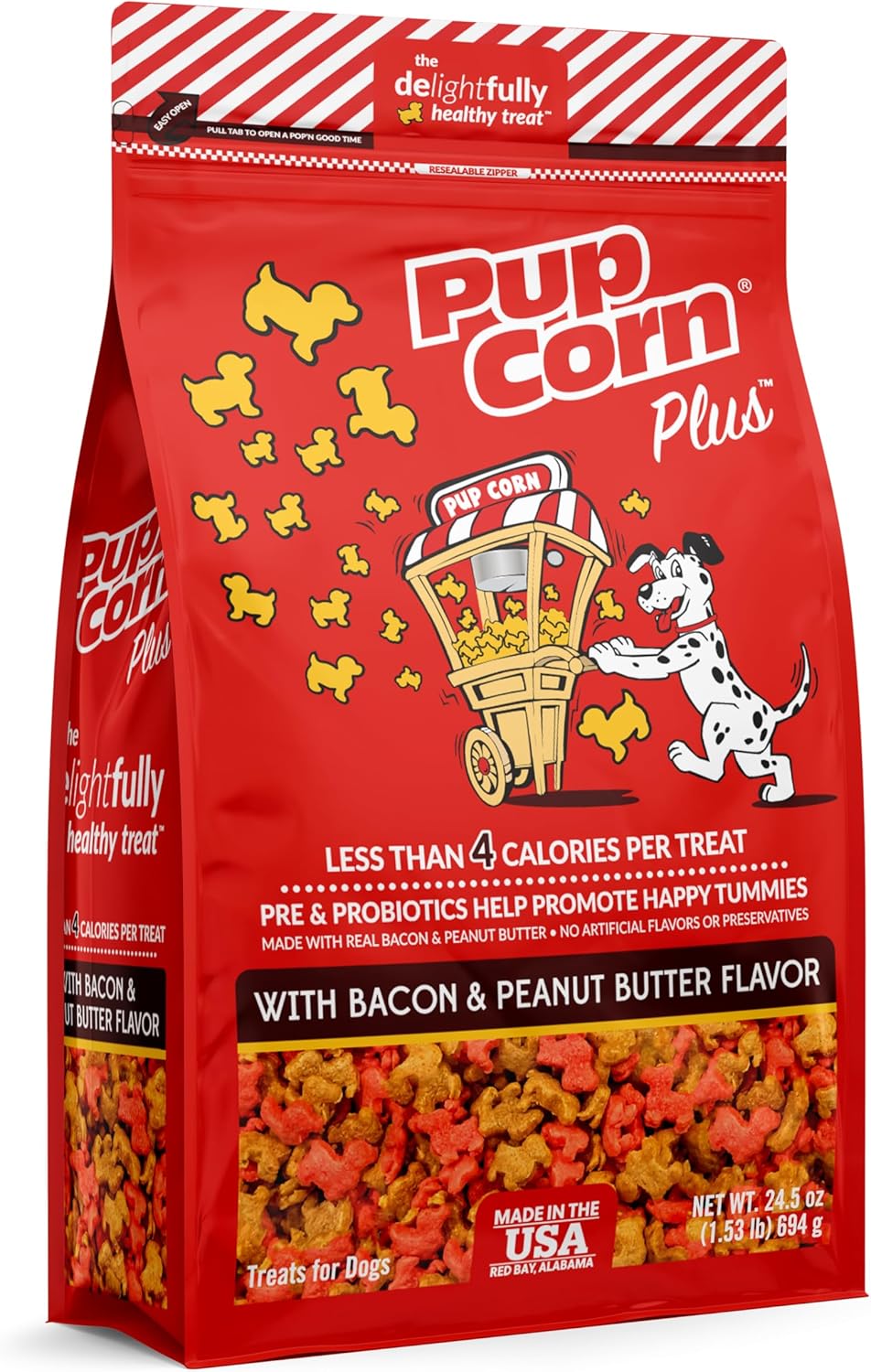 Pup Corn Plus - Puffed Dog Treats with Prebiotics and Probiotics - Bacon & Peanut Butter (24oz) - Made in USA