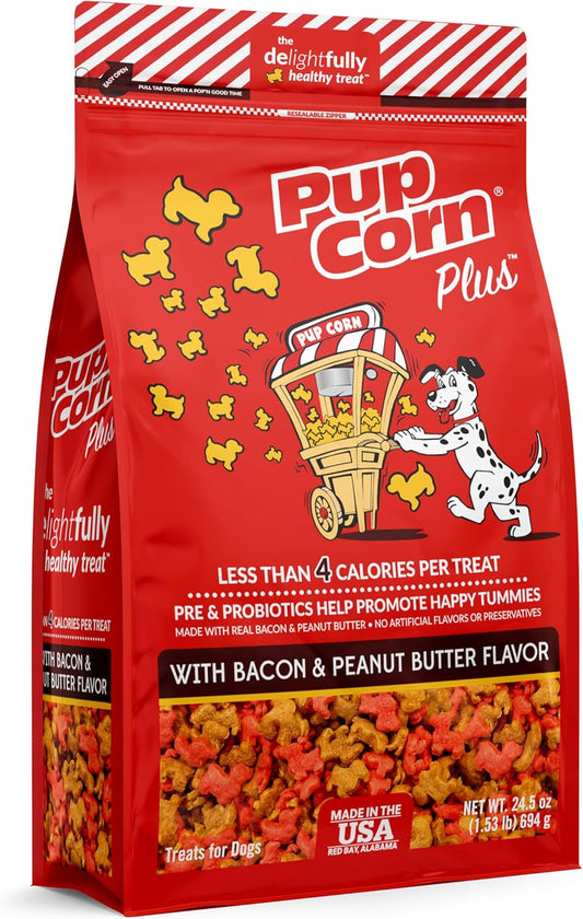 Pup Corn Plus - Puffed Dog Treats with Prebiotics and Probiotics - Bacon & Peanut Butter (24oz) - Made in USA