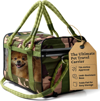 FLUFFY COMMUTE™ TSA Airline Approved Dog Carrier | Soft-Sided | Fits Small Dogs & Pets Up to 15 lbs & 17” Long × 11” Tall | Camo w/Green Handle
