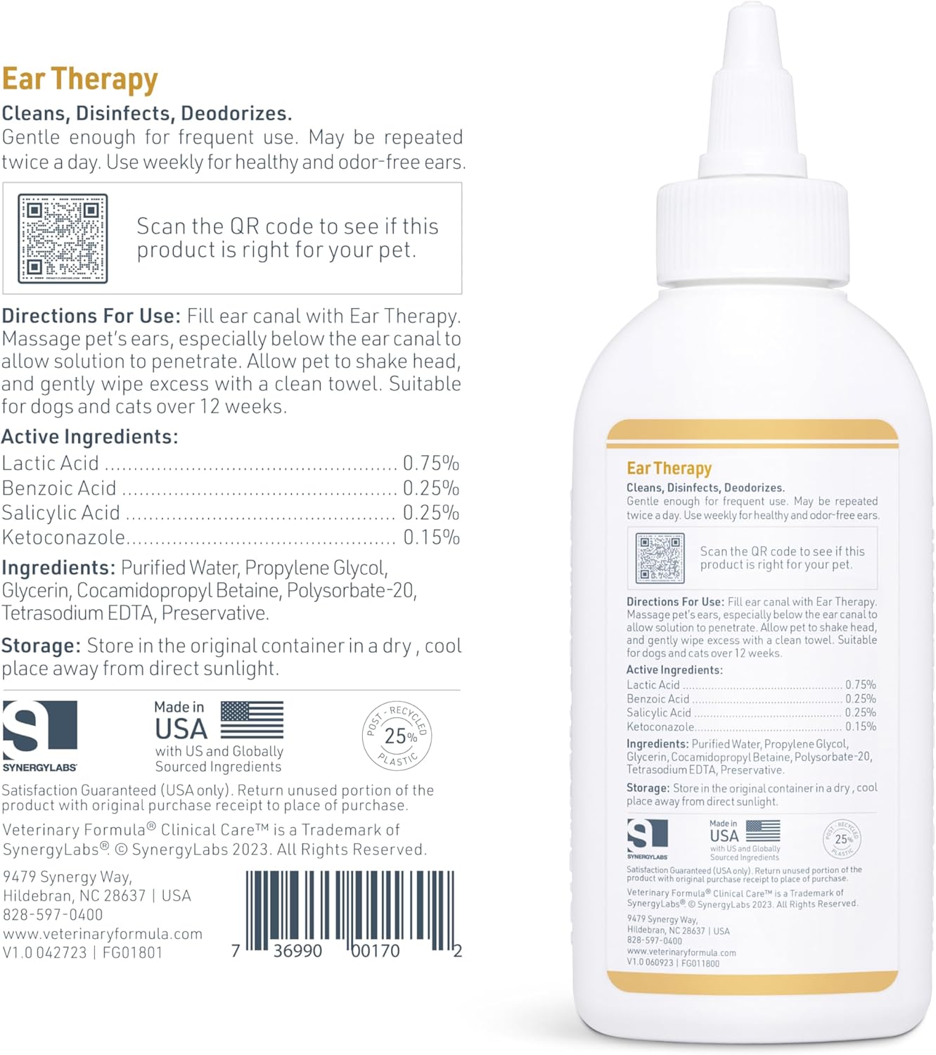 Veterinary Formula Clinical Care Ear Therapy, 4 oz. – Cat and Dog Ear Cleaner to Help Soothe Itchiness and Cleans The Ear Canal from Debris and Buildup That May Cause Infection