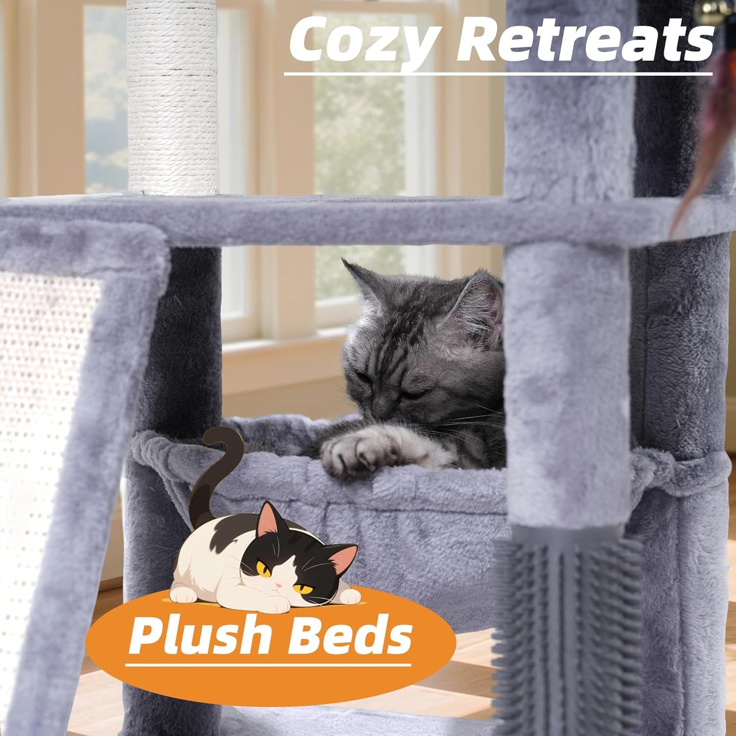 Multi-Level Cat Tree for Indoor Cats, Cat Tree Tower with Big Cat Hammock and Self-Grooming Brush, Cat Tower with Scratch Ladder, Indoor Climbing Activity Tower with Scratching Posts, Grey