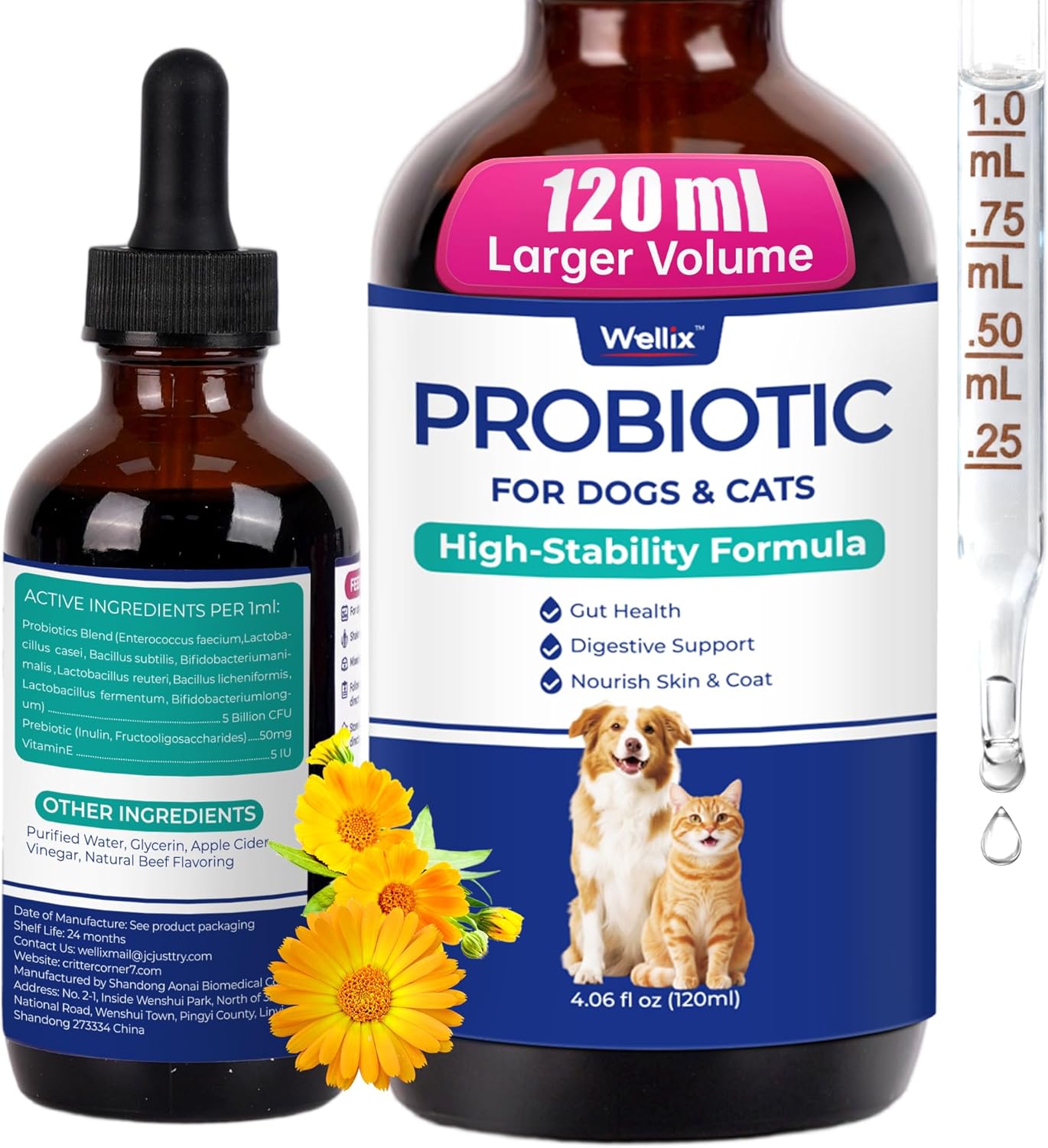 Wellix Liquid Probiotic for Cats & Dogs, 120ml 8-Strain Probiotics for Dog Digestive Health, Cat Digestive Support, Dry Skin Relief, Stool Formation for Cats & Dogs of All Ages