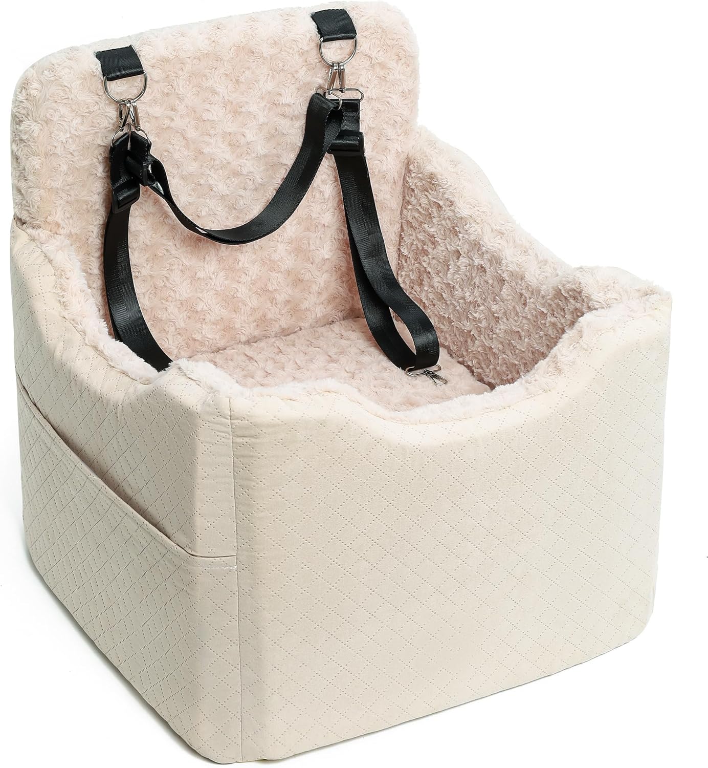 Dog Car Seat for Small Medium Dogs - 6.7inch Elevated Dog Booster Car Seats with Deluxe Rose Plush, Washable Travel Safety Pet Carseat Bed with 2 Safety Belts and Storage Pockets(Beige)