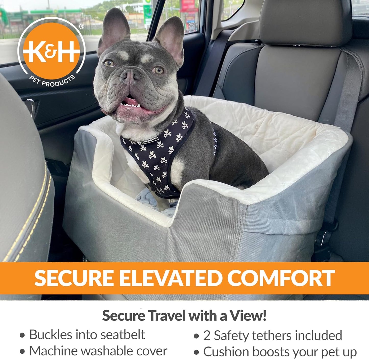 K&H Pet Products Bucket Booster Dog Car Seat, Seat Belt Secured, 2 Safety Leashes, Washable Covers, Sturdy Dog & Cat Booster Seat, Carriers for Small to Medium Pets - Large Gray/Cream