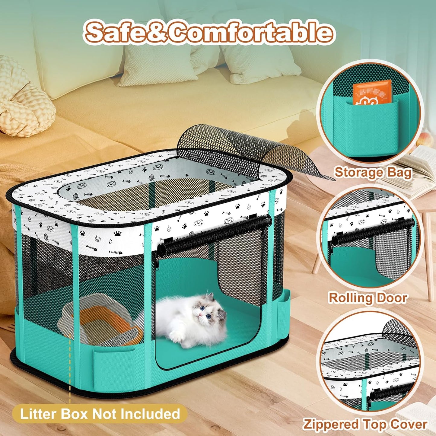 Portable Cat Playpen, 8-Rod Reinforced Kitten Dog Playpens, Foldable Play Pen for Indoor Cats Enclosed Pet Puppy Doggy Outdoor, Collapsible Tent Kennel Cage House(32"x24"x22")