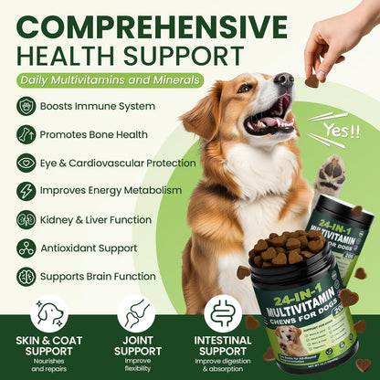24-in-1 Dog Vitamins and Supplements 200 Ct Multivitamin for Dogs Chewable Contain Glucosamine Chondroitin Probiotics Omega-3 for Skin Coat,Hip & Joint,Heart,Liver,Brain,Eyes - Suitable for All Dogs