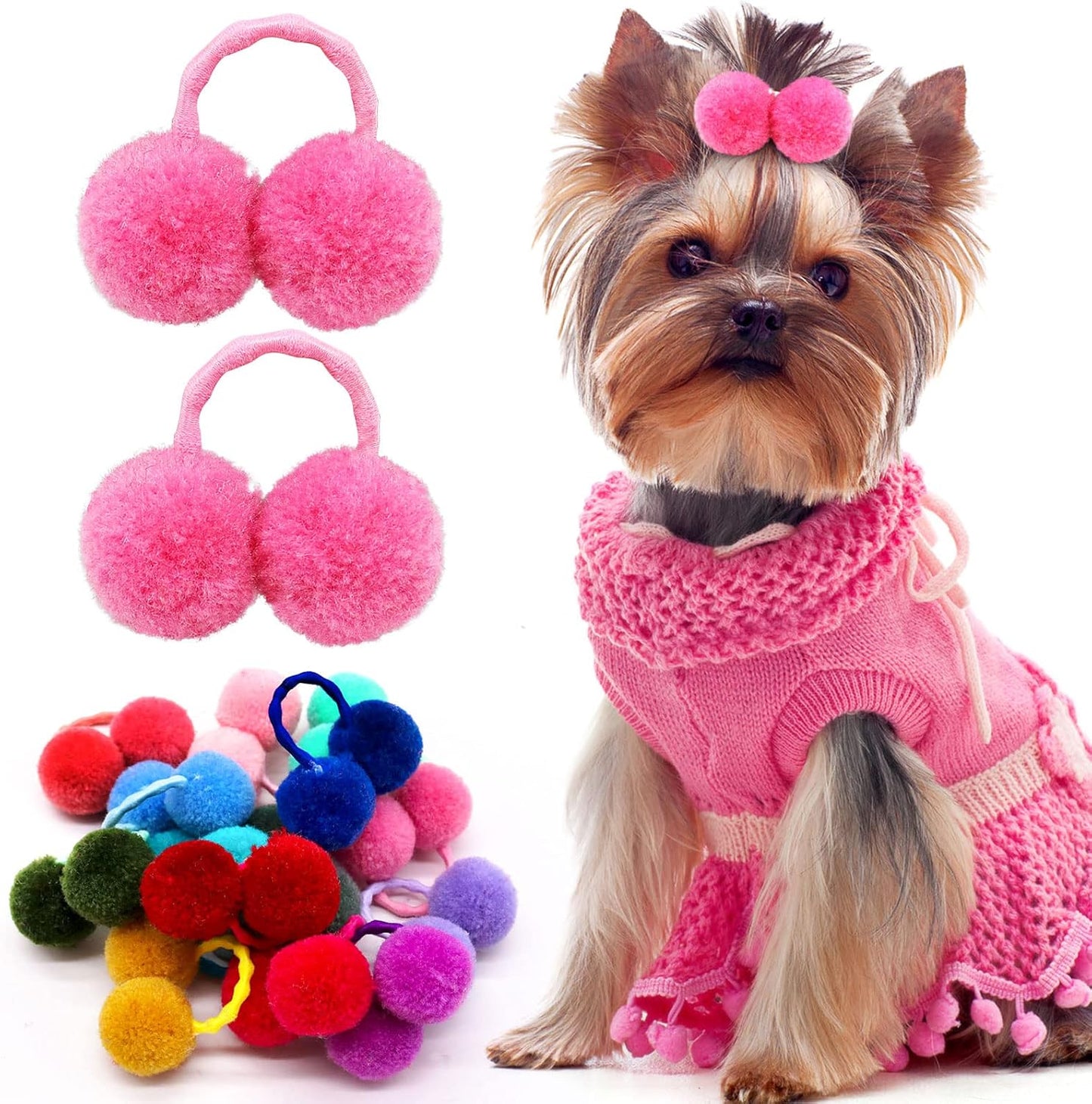 50pcs Dog Hair Puff Ball Bows, Pet Small Dog Hair Round Bows with Rubber Bands, Mix Multiple Colour Handmade Pet Puppy Dog Grooming Puff Bows for Yorkie Dog Cat Girl Hair Accessories