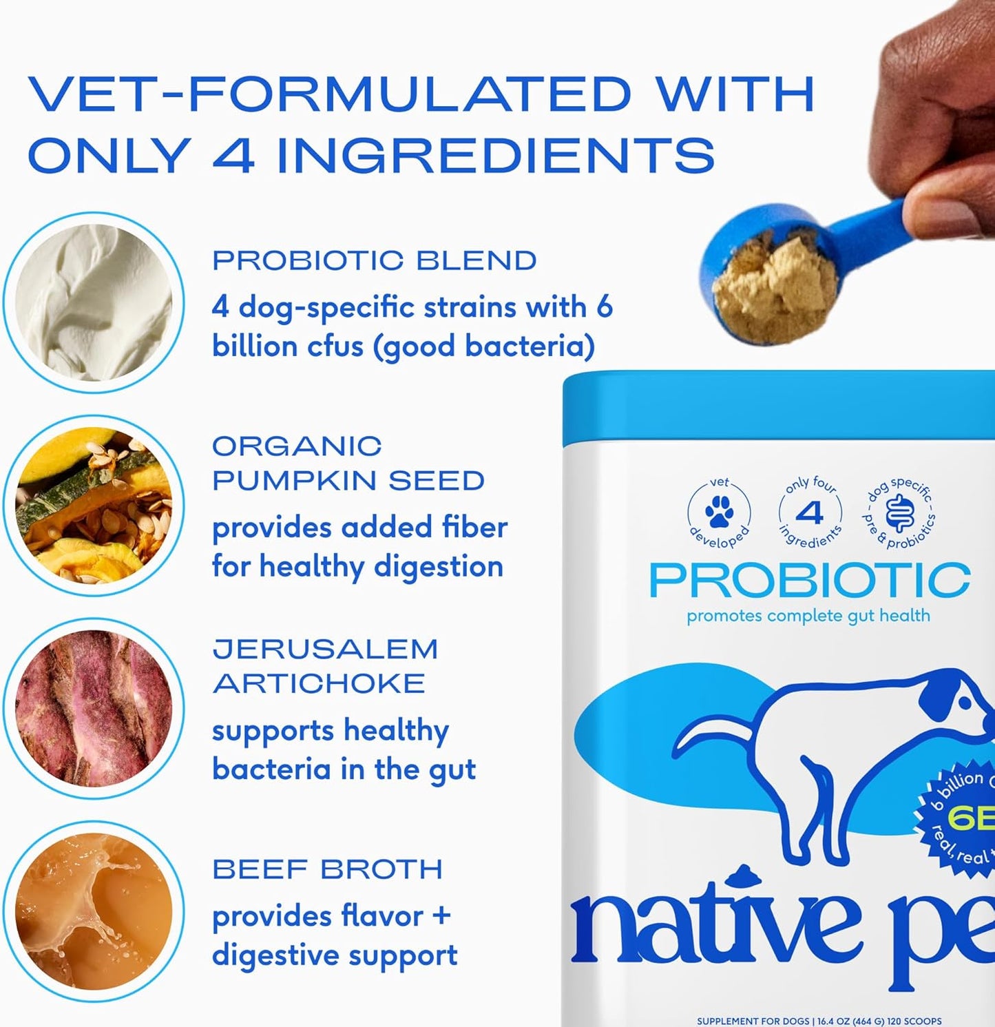 Native Pet Probiotics for Dogs - Dog Probiotics Powder for Digestive Health, Gut Support, & Immune Boost – Vet-Formulated Powder for Maximum Potency with Digestive Enzymes & Prebiotics - 30 Scoops