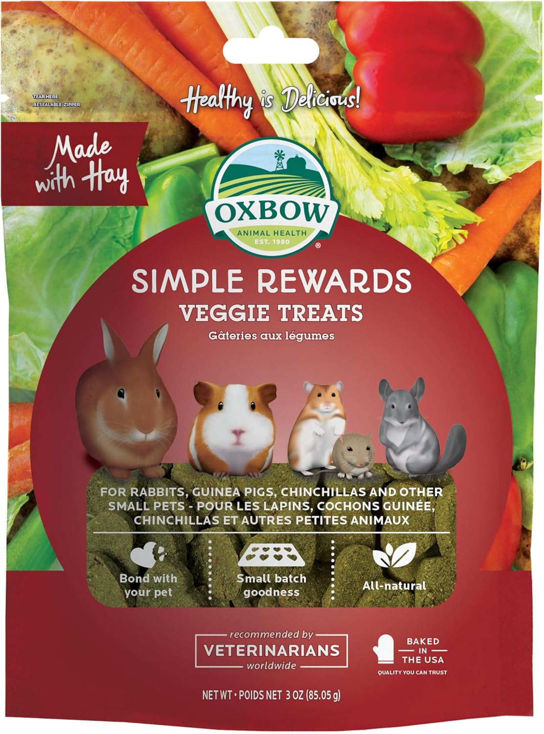 Oxbow Animal Health Simple Rewards Veggie Treats, Carrots & Bell Pepper Guinea Pig & Bunny Treats, Pet Snack for Rabbit & Guinea Pig, Made with Oxbow Hay, Alfalfa for Rabbit, 3 oz Bag