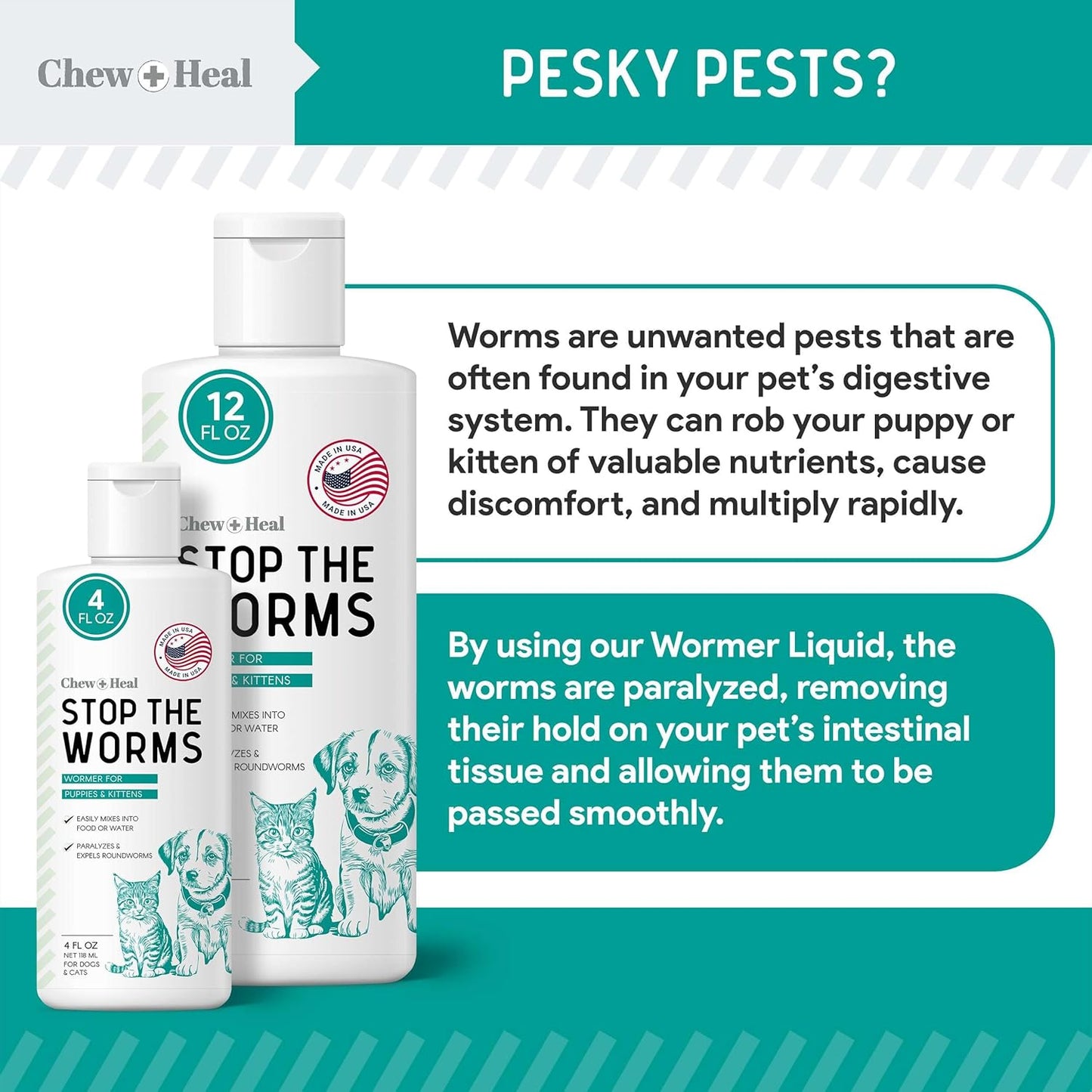 Dog and Cat Dewormer - 12 oz Wormer Liquid to Paralyze and Expel Roundworms - Kitten and Puppy Dewormer