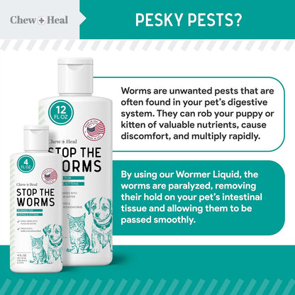 Dog and Cat Dewormer - 12 oz Wormer Liquid to Paralyze and Expel Roundworms - Kitten and Puppy Dewormer