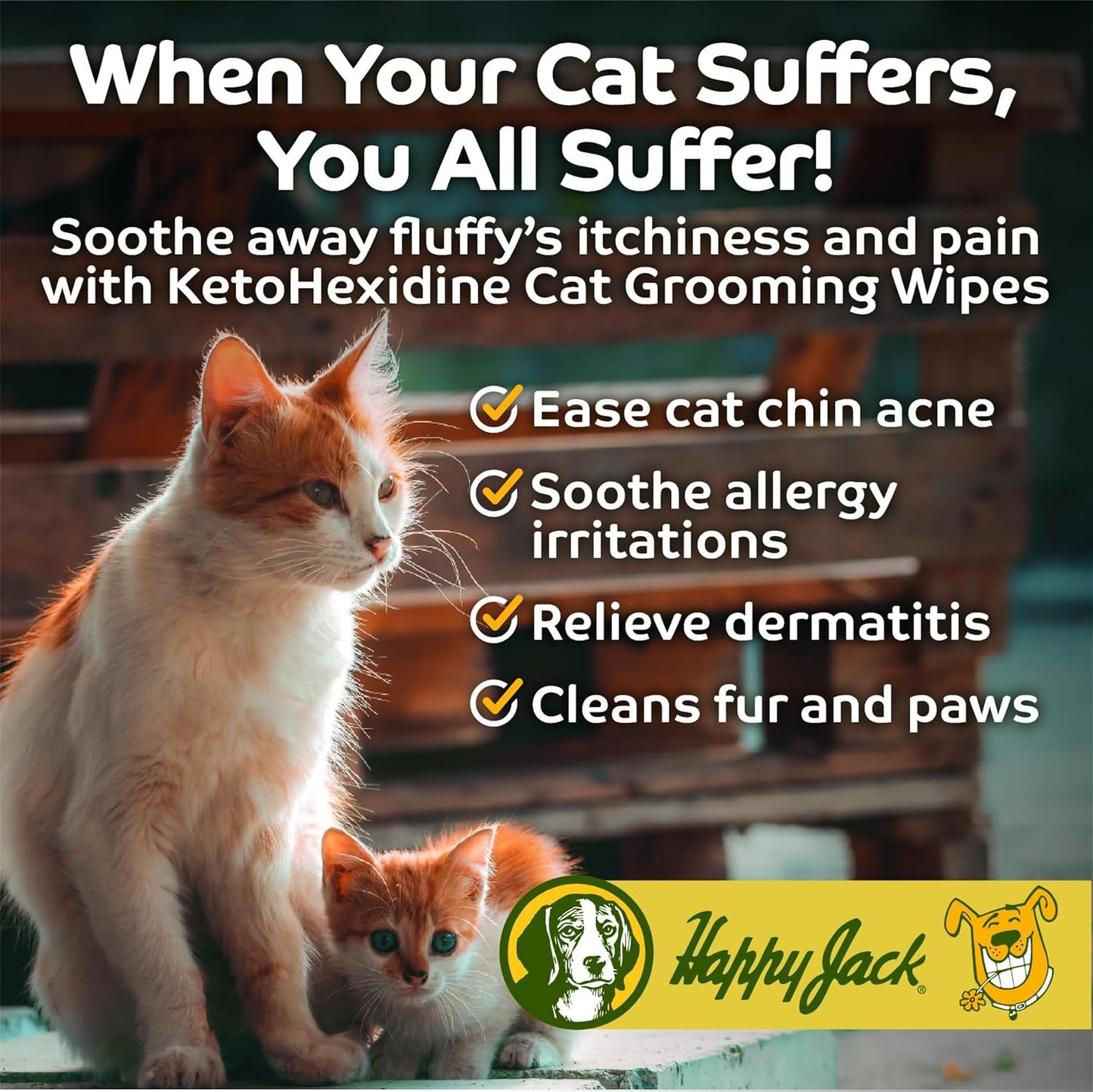 HAPPY JACK KetoHexidine Pet Wipes, Chlorhexidine Pads for Dogs & Cats with Ketoconazole, Cat Wipes for Acne, Wrinkles, Paws, Itchy Skin, 50 Ct