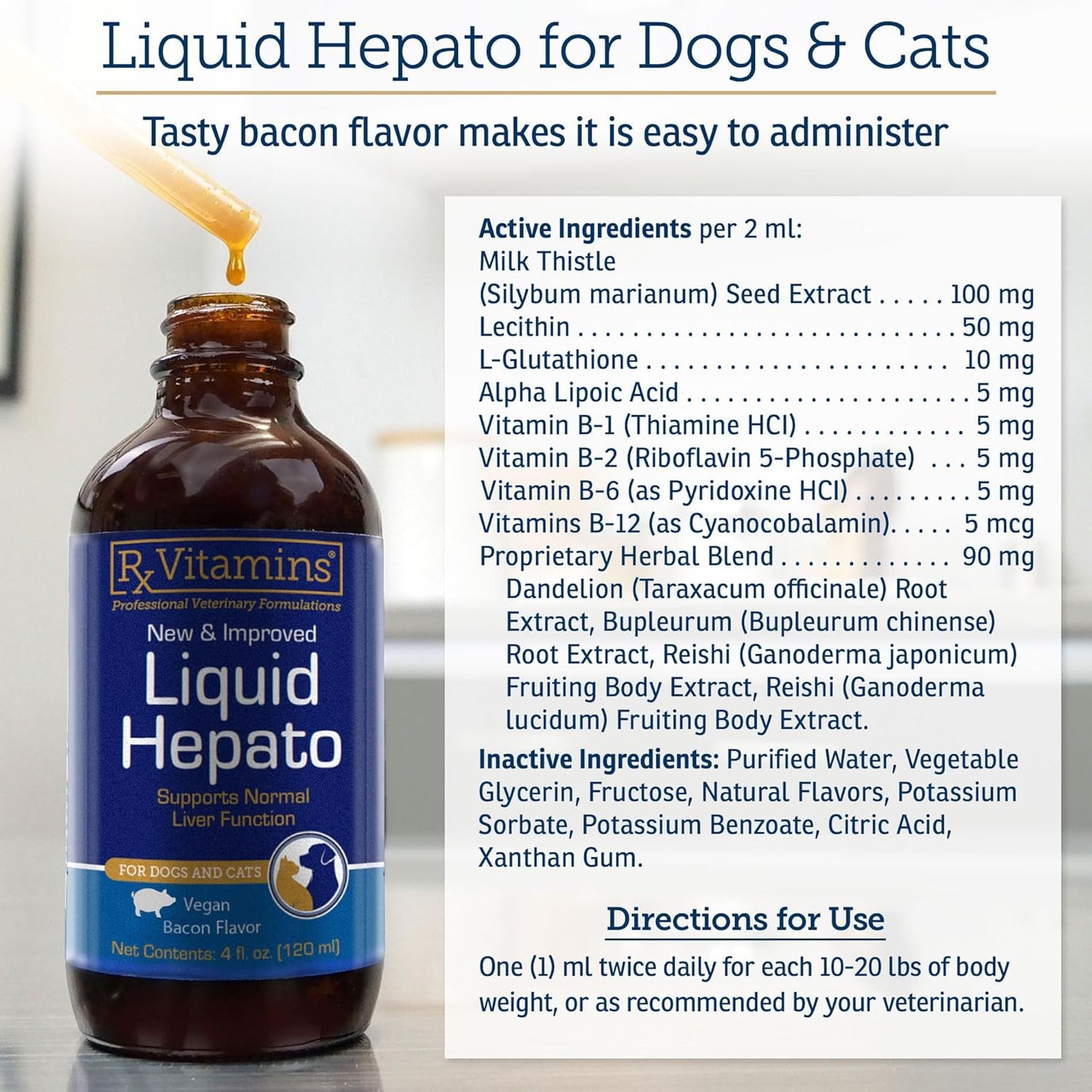 Rx Vitamins Liquid Hepato Support for Dogs & Cats - Liver Support Supplement with Milk Thistle for Dogs (Silymarin & Silybinin) and Vitamin B - Bacon Flavor (4oz)