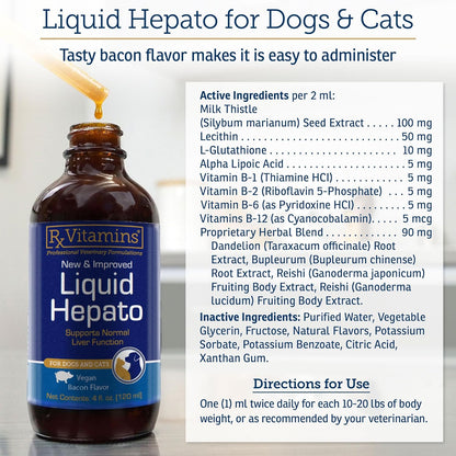 Rx Vitamins Liquid Hepato Support for Dogs & Cats - Liver Support Supplement with Milk Thistle for Dogs (Silymarin & Silybinin) and Vitamin B - Bacon Flavor (4oz)