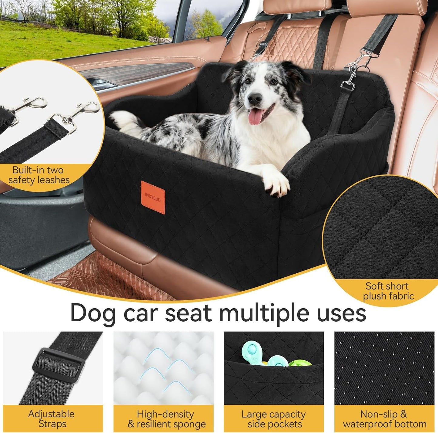 Dog Car Seat for Medium/Large Dogs, Memory Foam Pet Booster Seat for Under 55 lbs or 2 Small Dogs, Detachable Washable Dog Car Bed for Backseat with 2 Safety Leashes and Pockets(Black, Large)