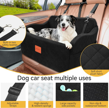 Dog Car Seat for Medium/Large Dogs, Memory Foam Pet Booster Seat for Under 55 lbs or 2 Small Dogs, Detachable Washable Dog Car Bed for Backseat with 2 Safety Leashes and Pockets(Black, Large)