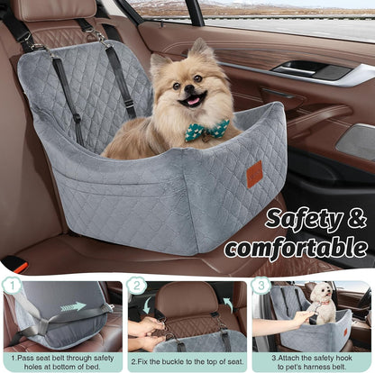 Dog Car Seat for Medium Dogs Up to 40lbs,Fully Detachable and Washable,Easy to Install with Adjustable Straps,Anti-Slip Base Travel Car Bed for Pets,2 Side Pockets(Grey,Medium)