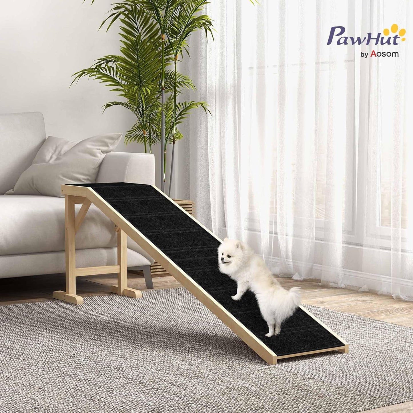 PawHut Dog Ramp for Bed, Pet Ramp for Dogs with Non-Slip Carpet and Top Platform, 74" x 16" x 25", Natural