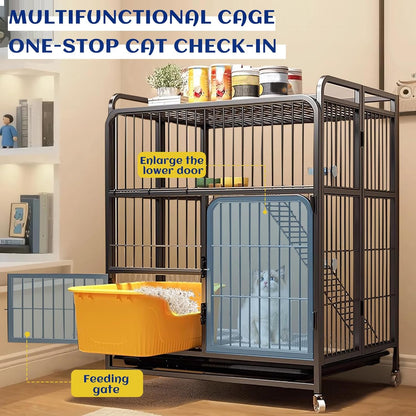 Collapsibles Cat Cages Indoor,Portable Cats Enclosures 2/3/4-Tier,Heavy-Duty Cat Playpens with Universal Wheels,Large Metal Animal cage Pet Crate No Assemblys Required (Black, 2-Tier (No Litter Box))