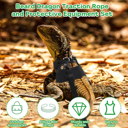 Bearded Dragon Harness Leash 3 Size Adjustable Soft Reptile Leash Retractable Bearded Dragon Vest Training Walking Lizard Traction Rope for Outdoor Small Animal Rabbit Squirrel (Black)