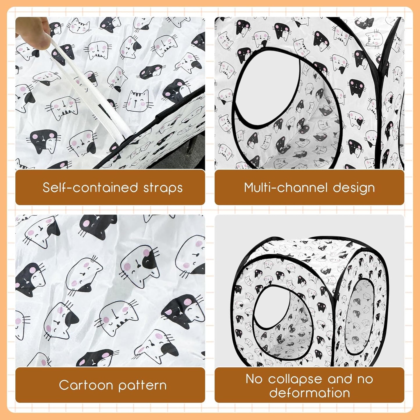 Andiker Cat Tent, 3 Holes Safe and Strong Cute Cats Tunnel Collapsible Easy to Carry Cat House for Indoor Cats Kittens Hiding Playing Training Sleeping (Square Black)