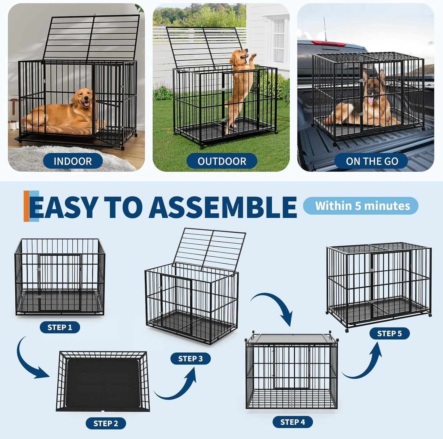 Heavy Duty Stainless Steel Dog Crate for Large & XL Breeds - Indestructible Escape-Proof Kennel with Locking Wheels - Collapsible, Chew-Resistant Indoor/Outdoor Cage with Easy-Clean Removable Tray