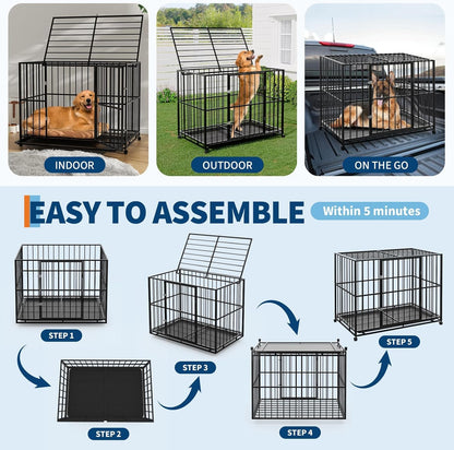 Heavy Duty Stainless Steel Dog Crate for Large & XL Breeds - Indestructible Escape-Proof Kennel with Locking Wheels - Collapsible, Chew-Resistant Indoor/Outdoor Cage with Easy-Clean Removable Tray