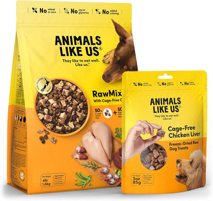 RawMix50 Premium Freeze-Dried Raw Cage-Free Chicken Dog Food (4lb) and 100% Cage-Free Chicken Liver Freeze-Dried Raw Dog Treats (3oz)