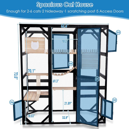 FunXplore Large Catio Outdoor Cat Enclosure Window 73" H Walk-in Cat House Kitty Cage for Multiple Indoor Outdoor Cats Outside Patio with 5 Access Doors Waterproof Roof