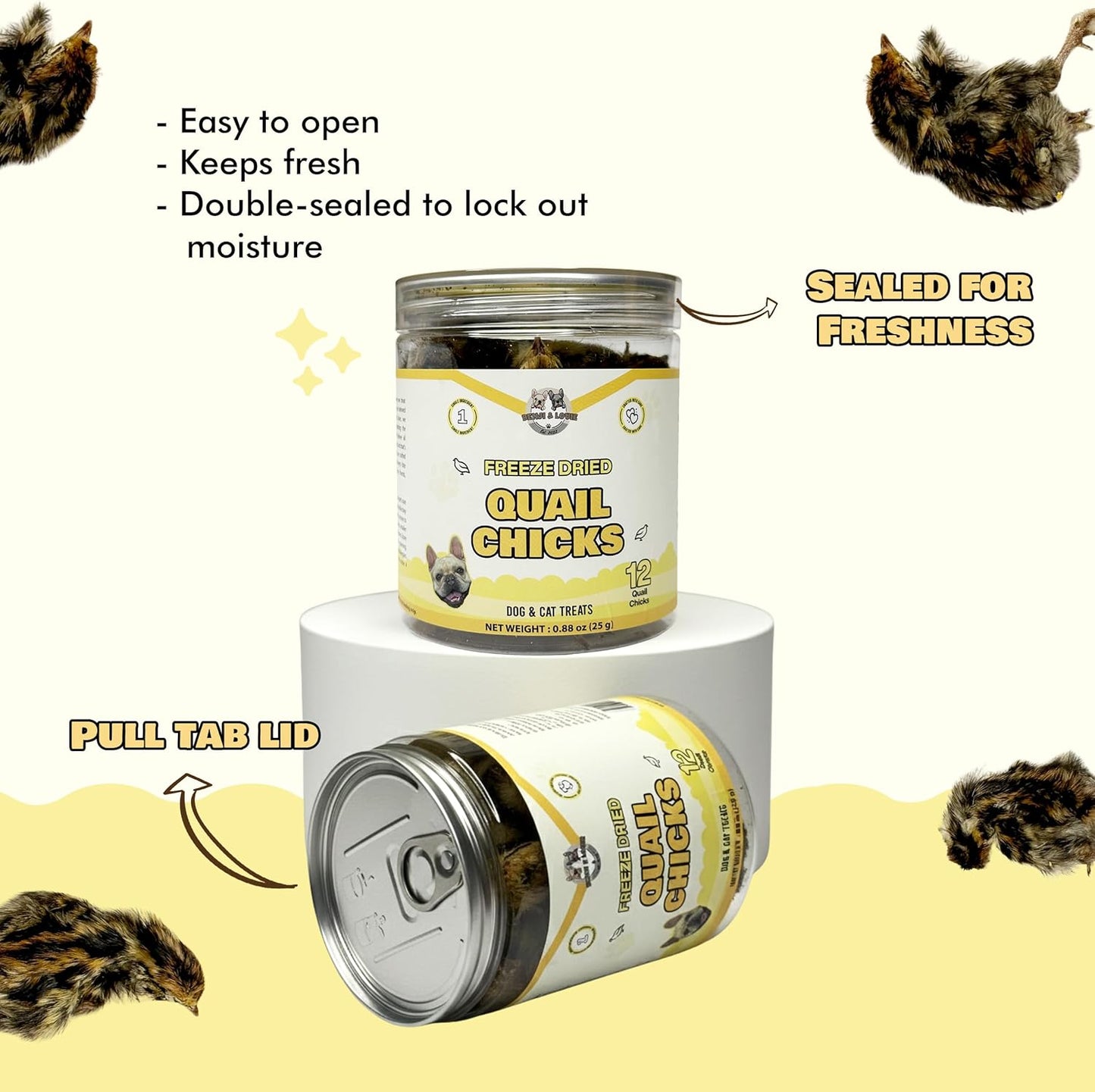 Benji & Louie Freeze Dried Quail Chicks – Whole Prey Treats with Bone, Feather, Feet, Peak – Single Ingredient Snack for Dogs & Cats – (0.88 oz) - 12 Chicks