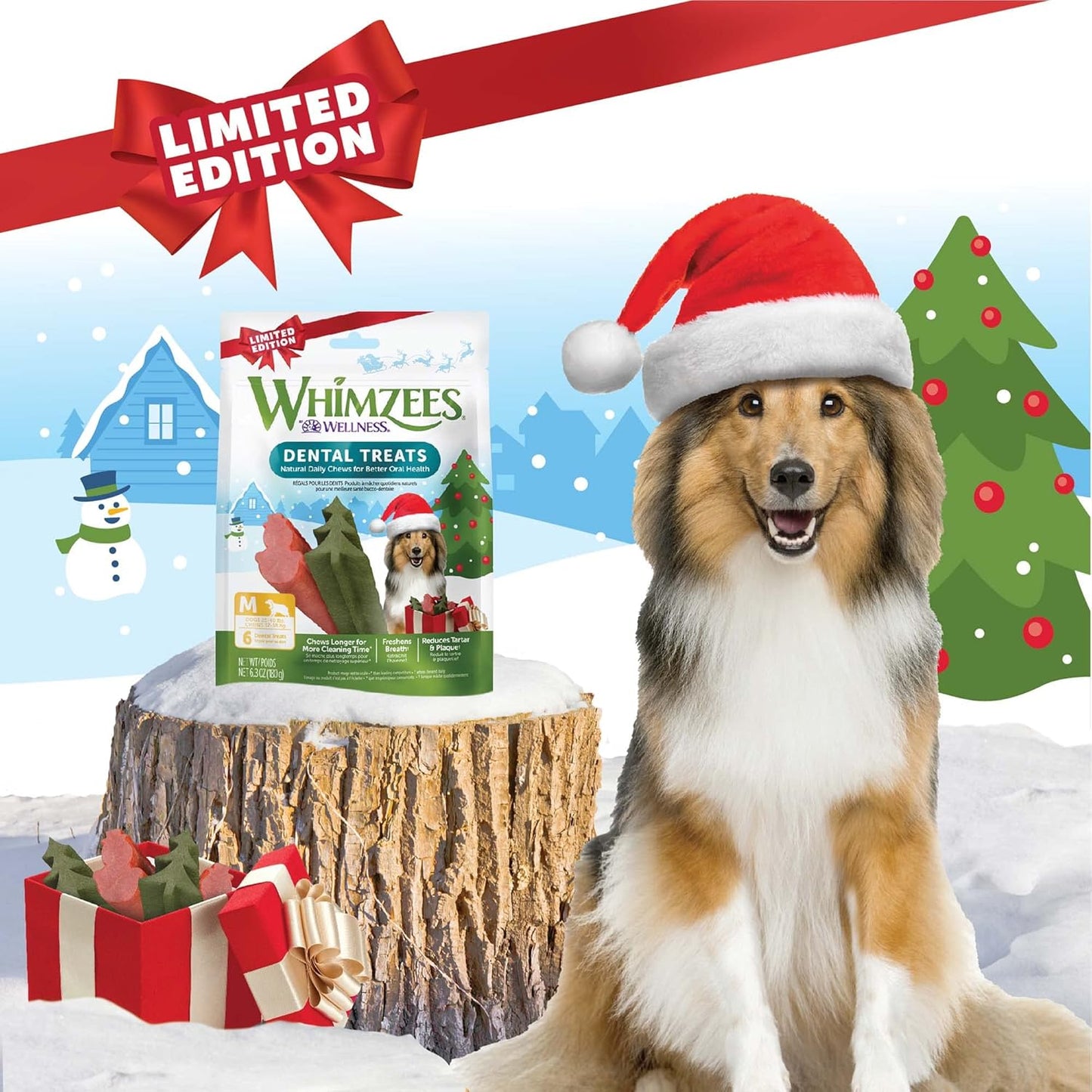 WHIMZEES Wellness Holiday Dog Dental Treats, Christmas Gift for Dogs, Size Medium Stick, (6 Count)