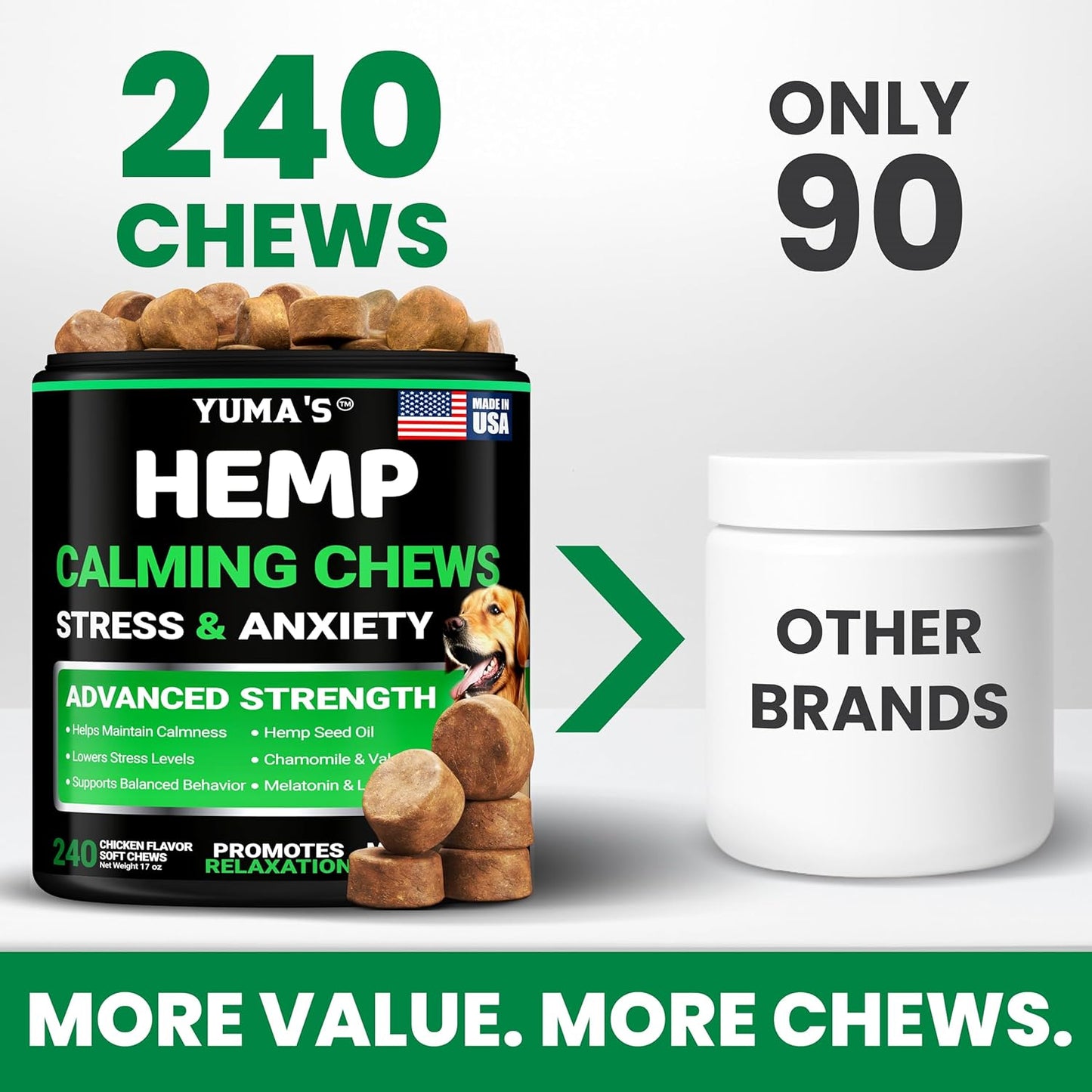 Hemp Calming Chews for Dogs - 240 Treats - Advanced Dog Calming Chews - Anxiety Relief Supplement Treats with Melatonin - Sleep Aid for Separation, Barking, Stress, Hip and Joint Support Made in USA