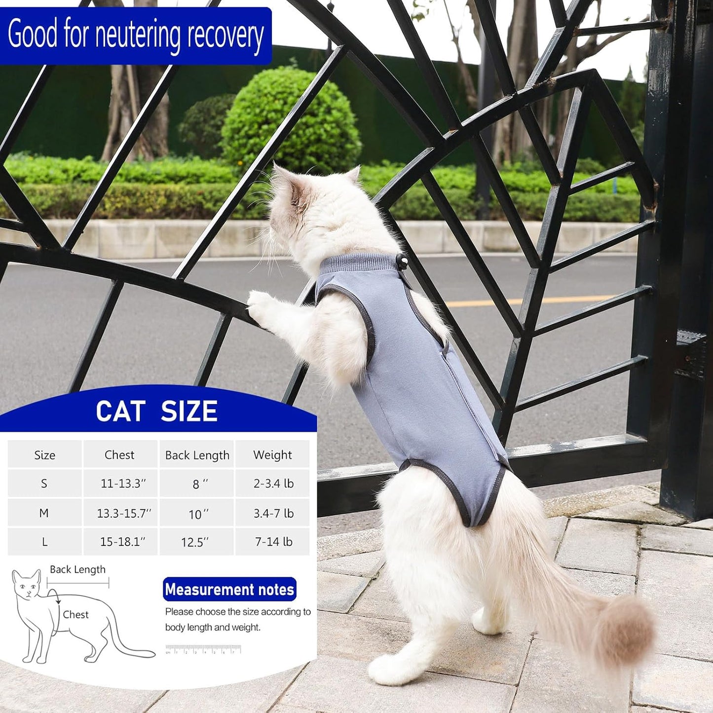 Cat Surgery Recovery Suit Cat Onesie for Cats After Surgery Spay Surgical Abdominal Wound Skin Diseases E-Collar Alternative Wear (Grey-Blue-M)