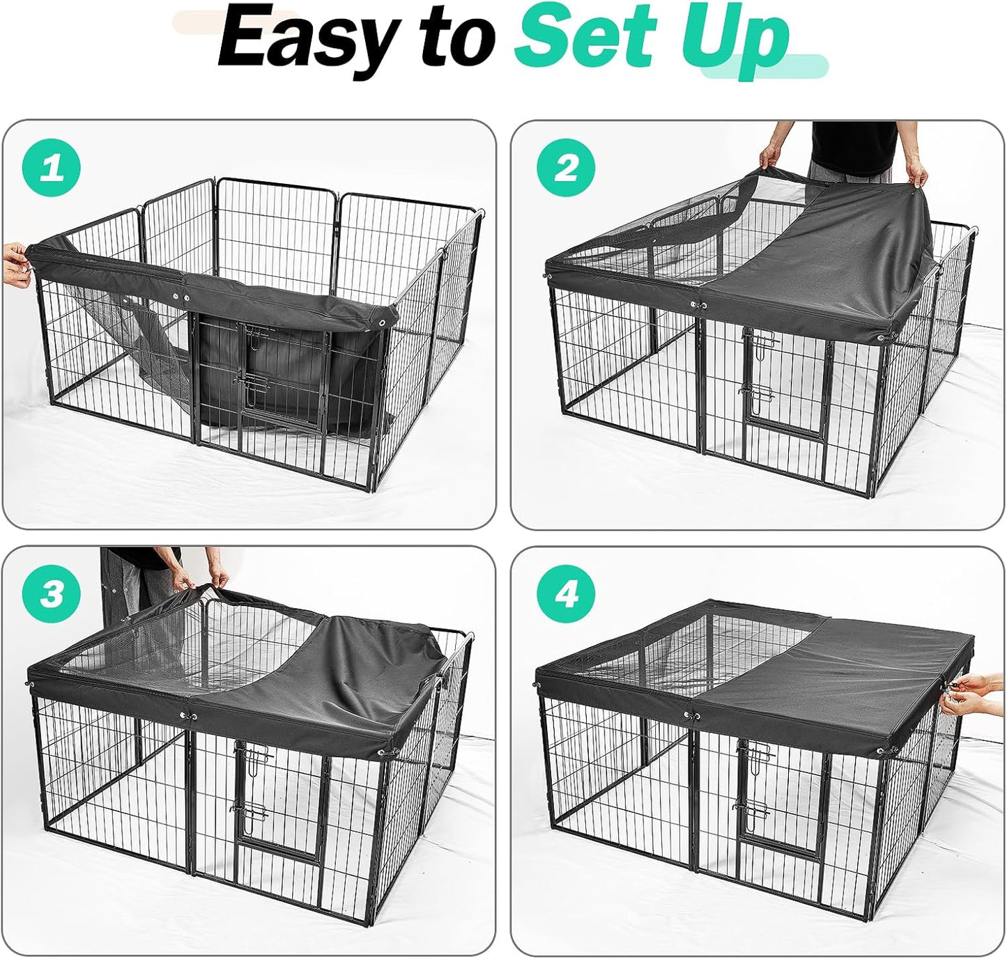 Dog Playpen Cover,Top Dog Pen Cover for 47in 4 Panels Play Pen,Escape-Proof Playpen Covers Indoor/Outdoor(Black, with Half Mesh)(Playpen Not Included)