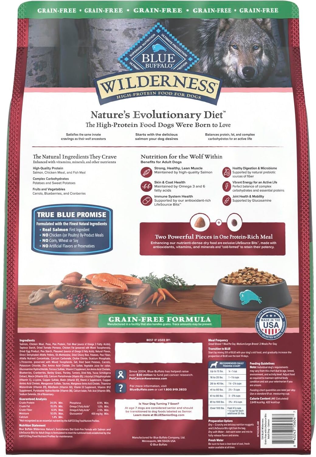 Blue Buffalo Wilderness Adult High-Protein Dry Dog Food with Real Salmon, Grain-Free, Made in The USA with Natural Ingredients, Salmon, 13-lb. Bag