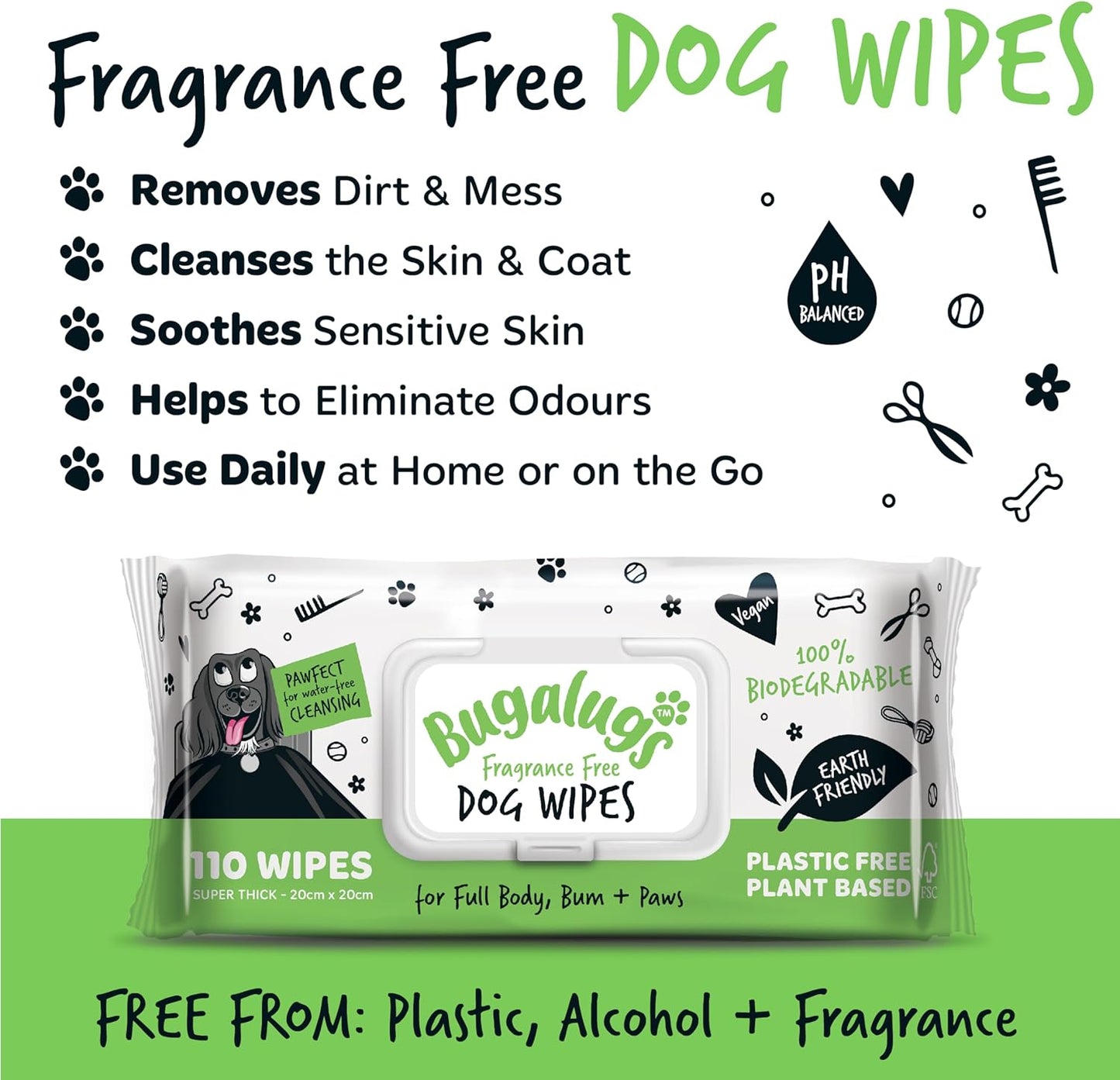 BUGALUGS Dog Wipes, 100% Plastic Free Biodegradable pet Wipes for Full Body, Eye Wipes, Ear Wipes, Bum & Paws. 110 Sensitive Dog Grooming Wipes for Dogs, Puppy & cat Grooming (Fragrance Free)