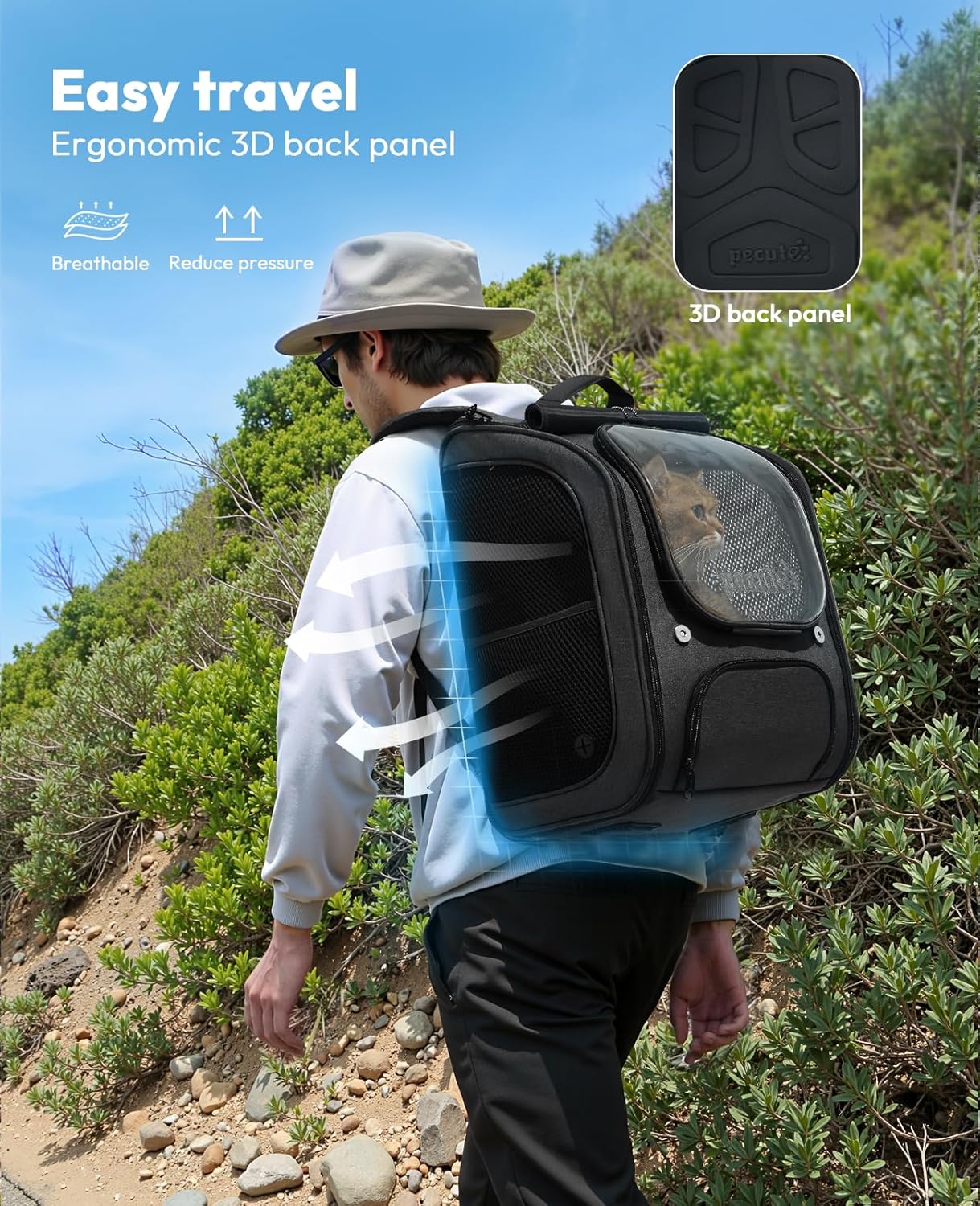 Pecute Cat Backpack Carrier, Large Space Cat Bubble Backpack, Breathable Cat Carrier, Shaded Dog Backpack Carrier, Ergonomic 3D Design for Travel, Hiking, Suitable for Shopping, and Vet, Black