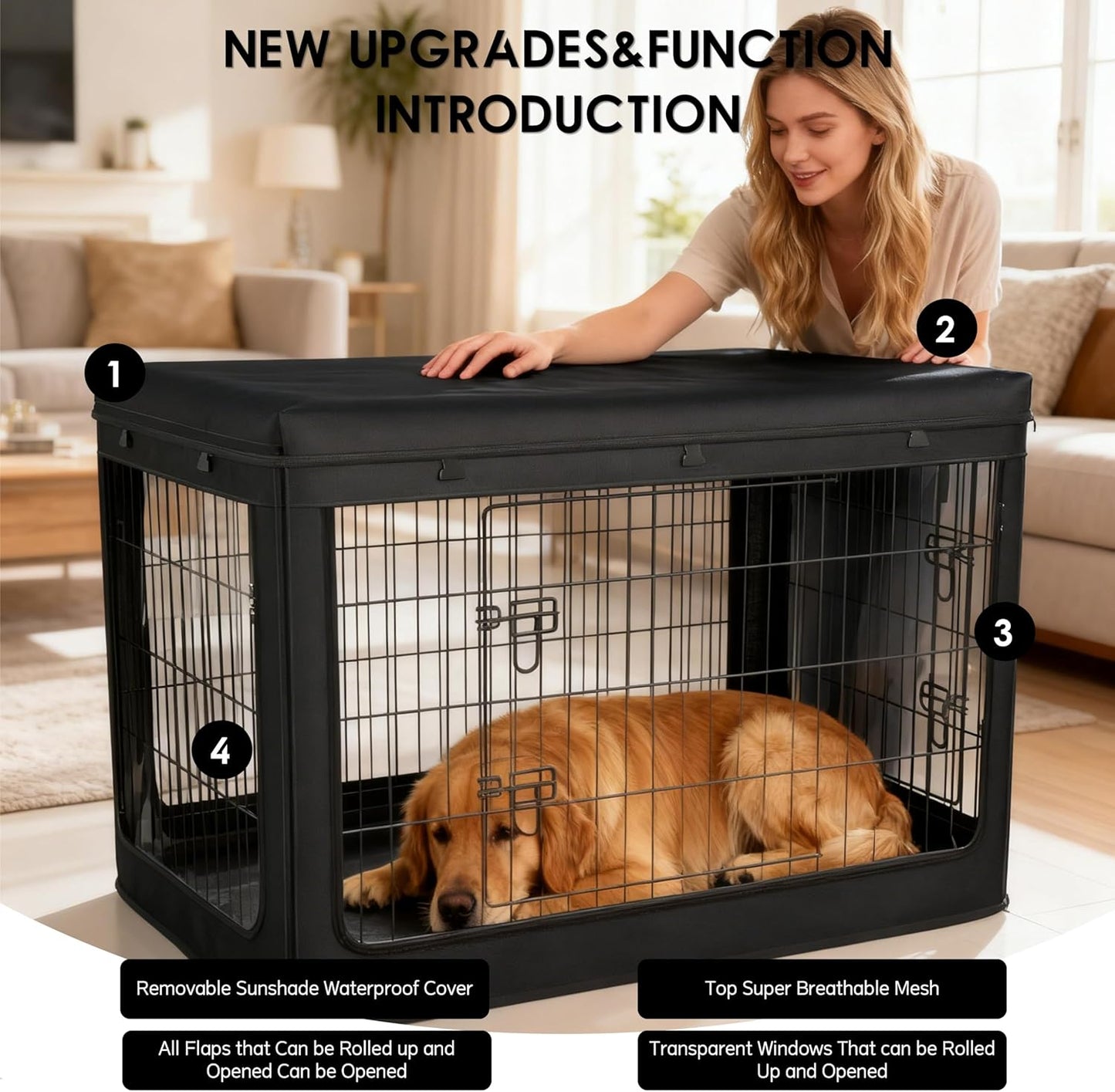 Dog Crate Cover,Fits Most 42-inch Dog Crates,Unique Knife Cloth (More Durable and Heavy Duty)+ EVA Transparent Material,with Waterproof Sunshade Cover,Waterproof Dog Kennel Cover,Black(Cover Only)