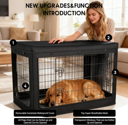 Dog Crate Cover,Fits Most 42-inch Dog Crates,Unique Knife Cloth (More Durable and Heavy Duty)+ EVA Transparent Material,with Waterproof Sunshade Cover,Waterproof Dog Kennel Cover,Black(Cover Only)